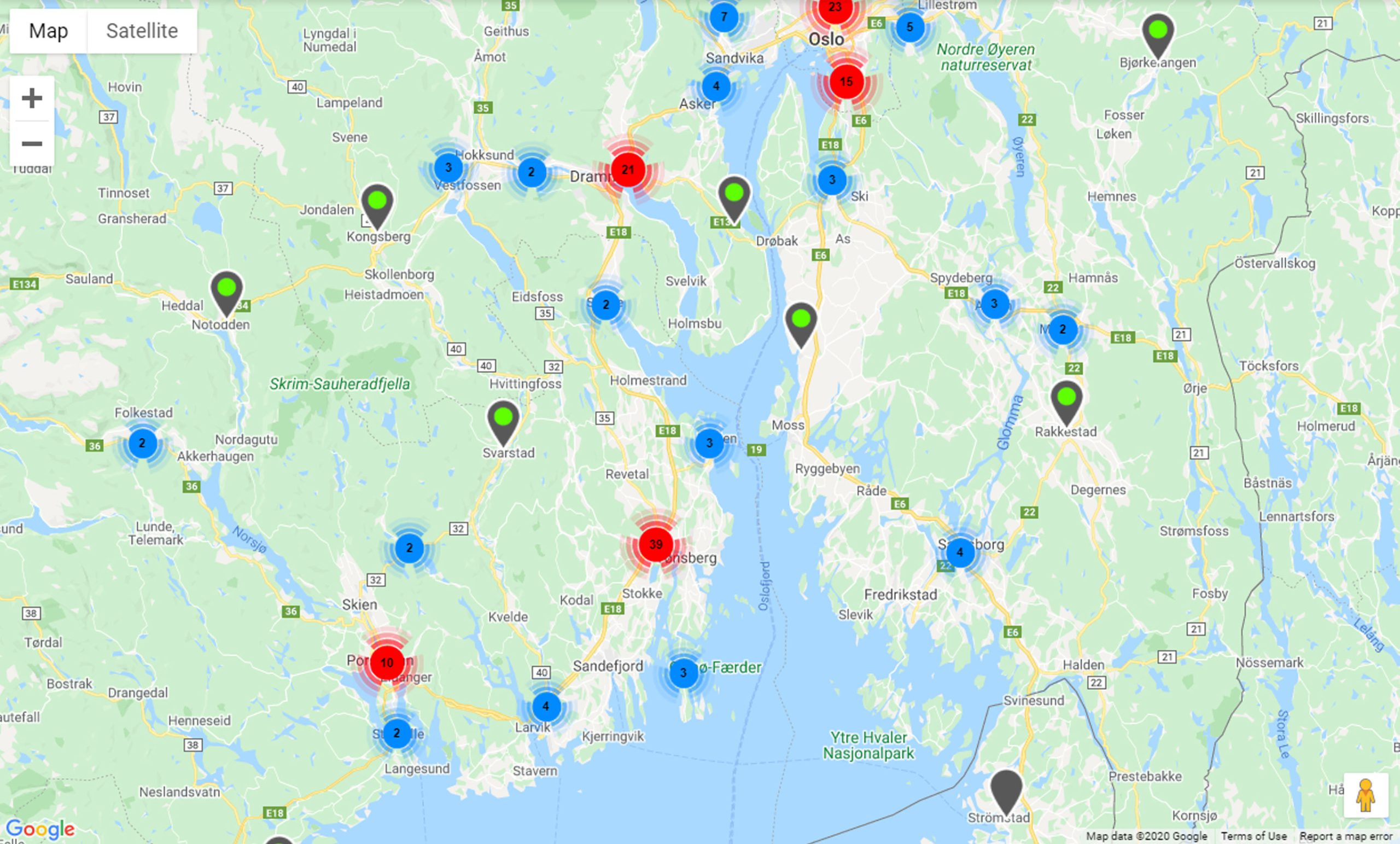 Kart med Bramidan Presto-lokasjoner markert
